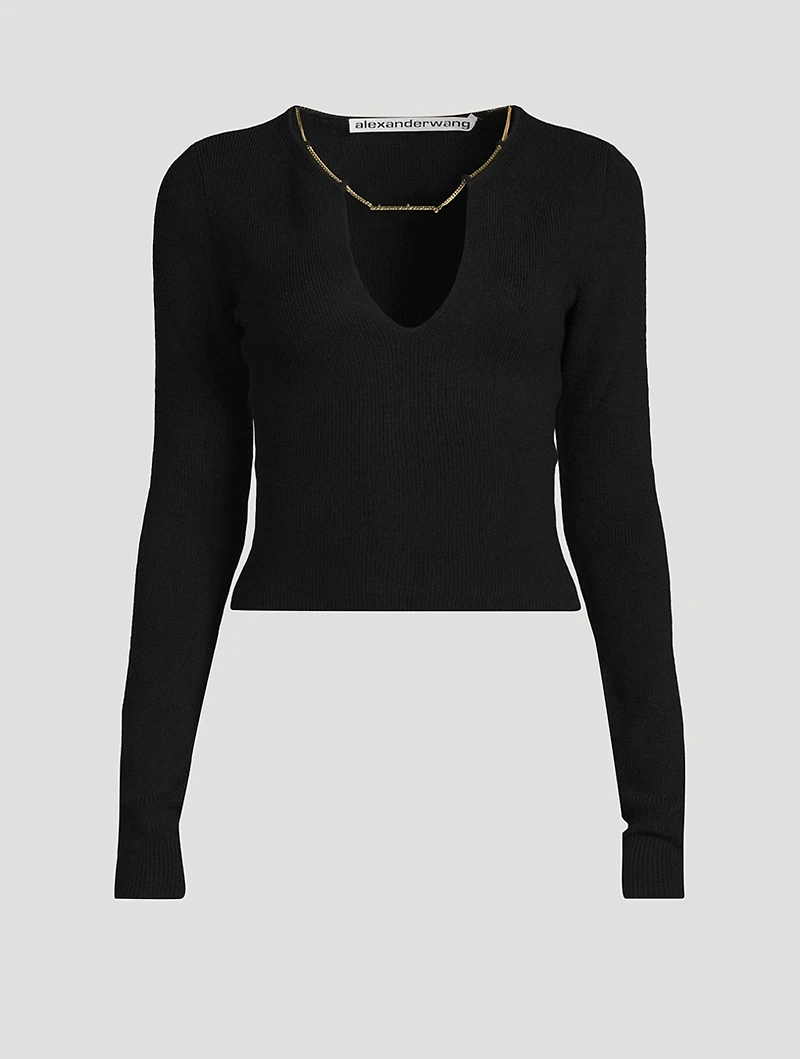 Rib-Knit Sweater With Nameplate Necklace