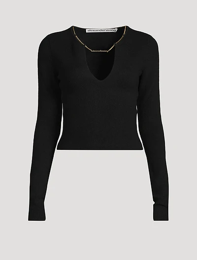 Rib-Knit Sweater With Nameplate Necklace