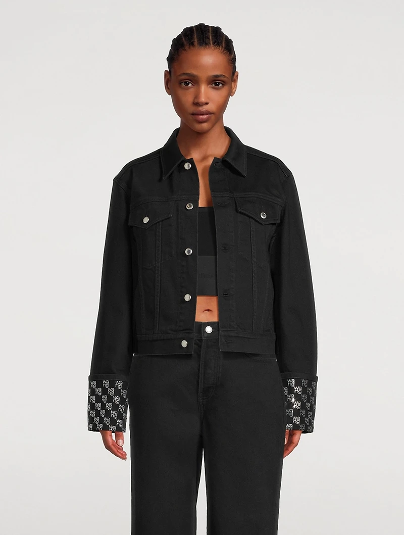 Denim Jacket With Crystal Logo Cuff