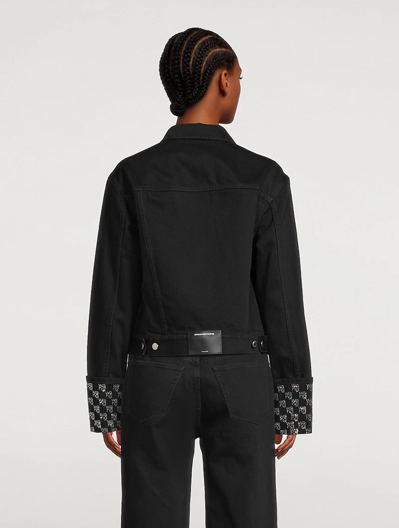 Denim Jacket With Crystal Logo Cuff