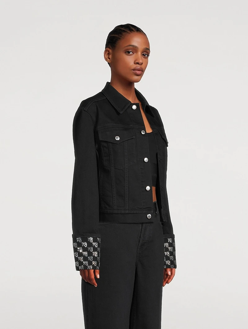 Denim Jacket With Crystal Logo Cuff