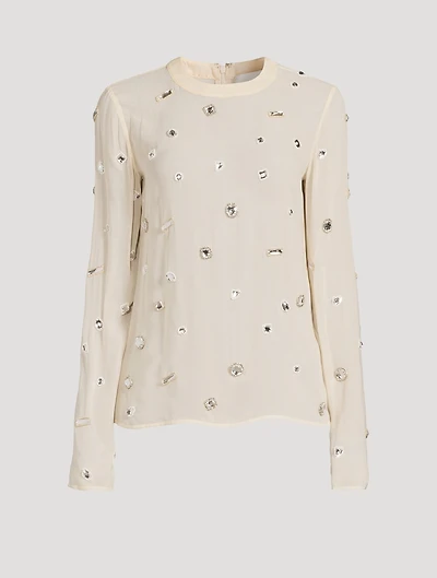 Halo-Embroidered Silk Chiffon Top