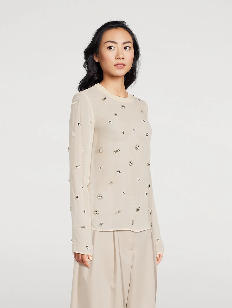 Halo-Embroidered Silk Chiffon Top