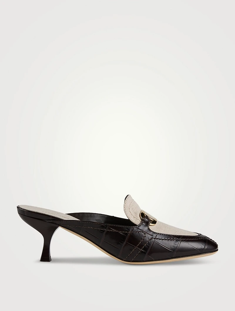 Croc-Embossed Leather And Canvas Mules