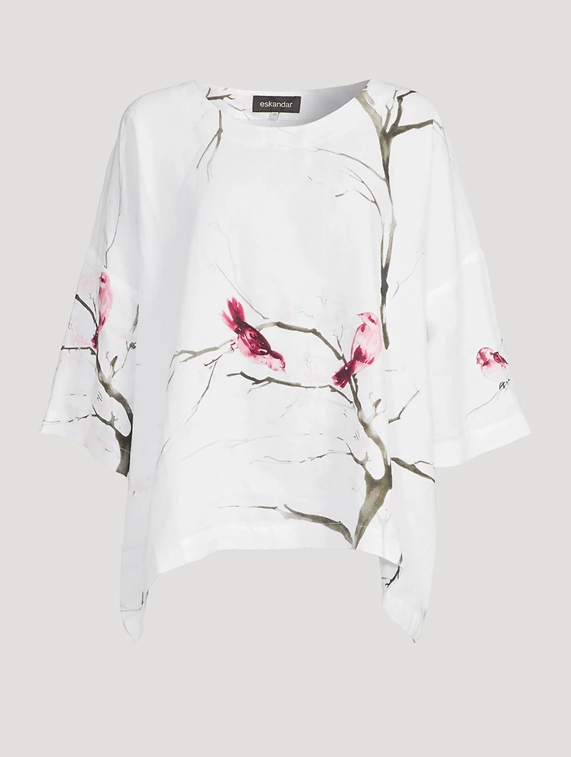Linen Top Bird And Plum Blossom Print