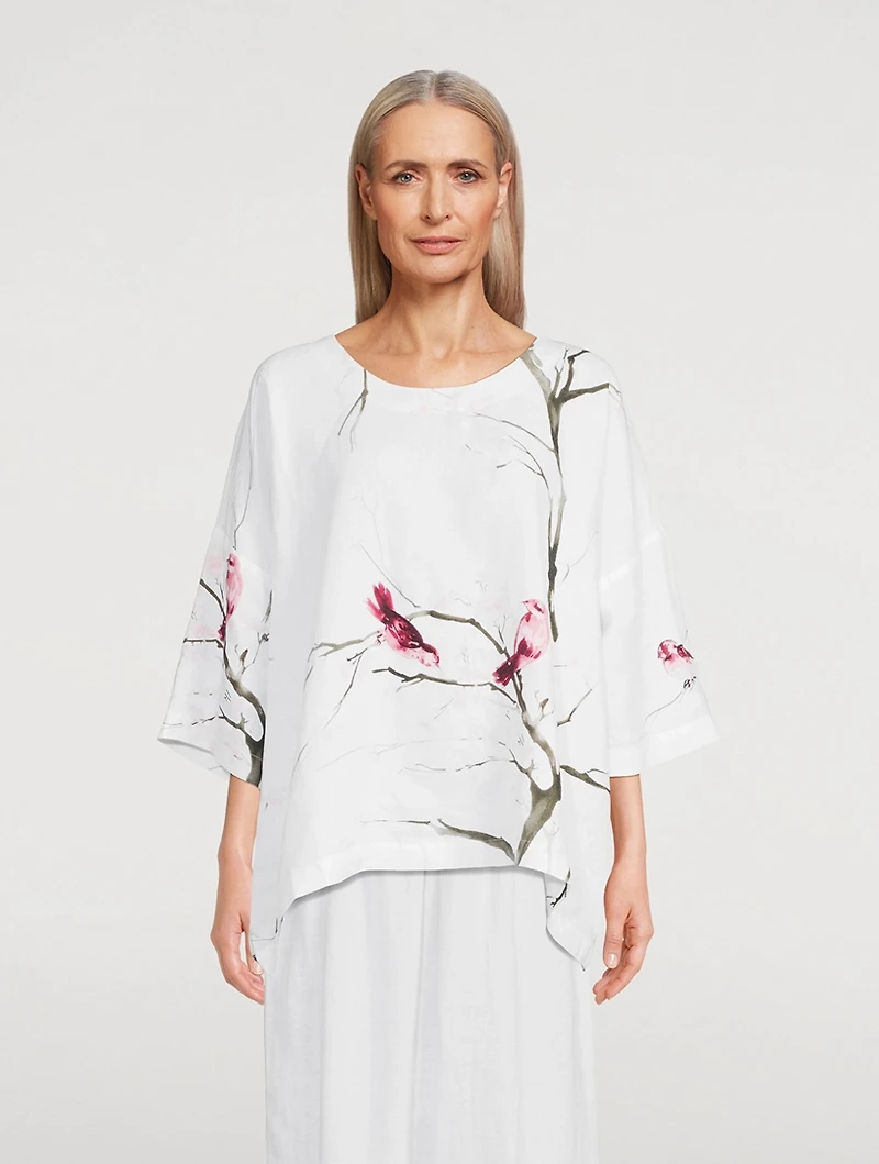 Linen Top Bird And Plum Blossom Print