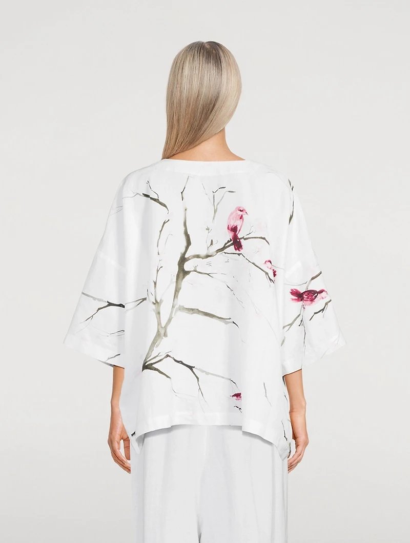 Linen Top Bird And Plum Blossom Print