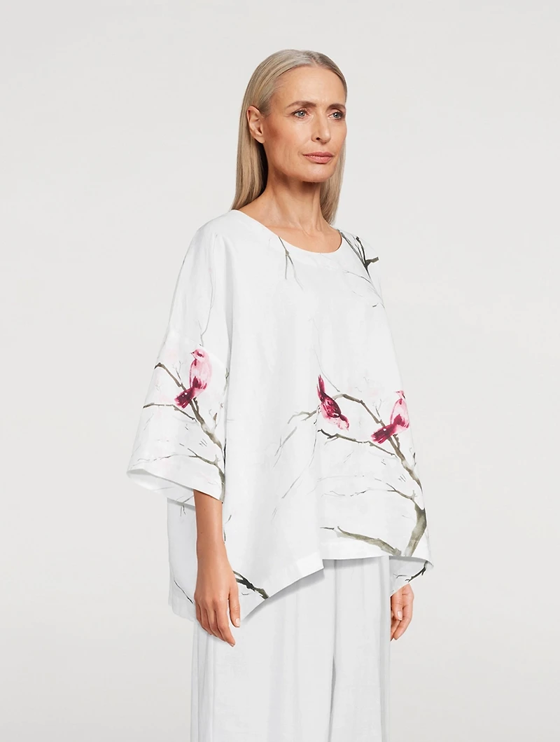 Linen Top Bird And Plum Blossom Print