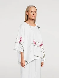 Linen Top Bird And Plum Blossom Print