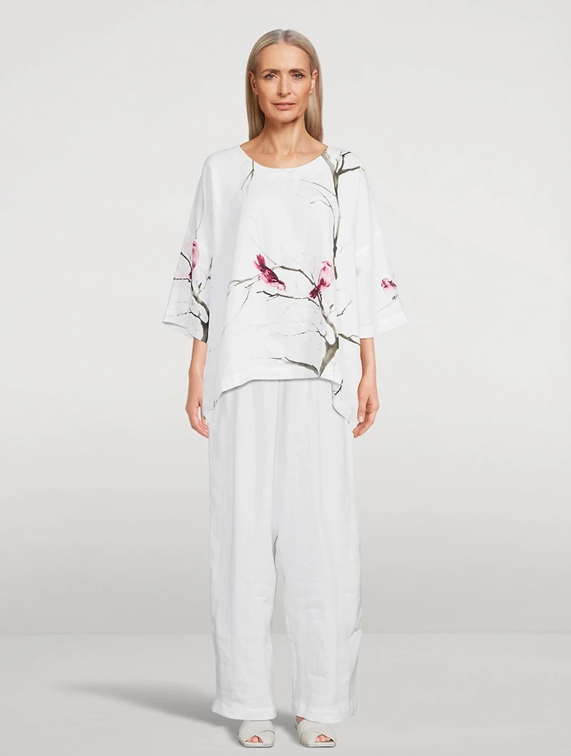Linen Top Bird And Plum Blossom Print