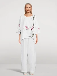 Linen Top Bird And Plum Blossom Print