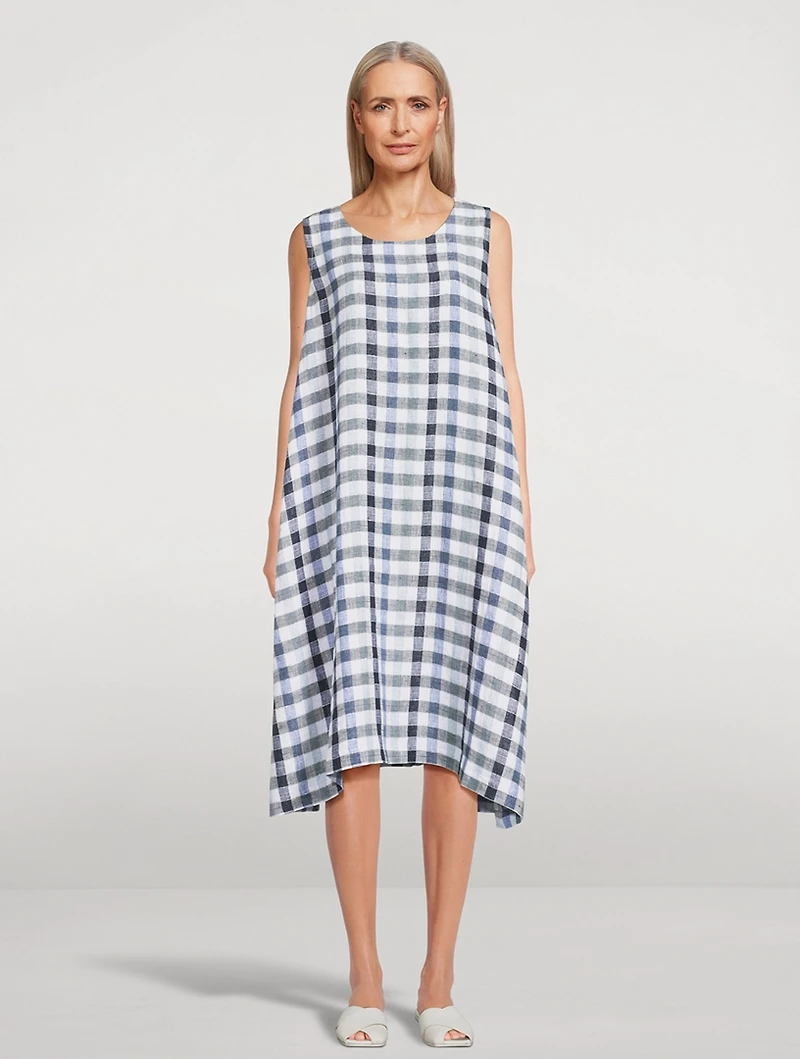 Linen-Blend Midi Dress Plaid Print