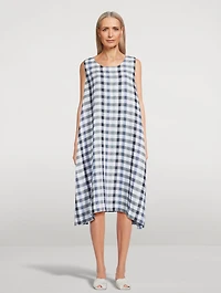 Linen-Blend Midi Dress Plaid Print