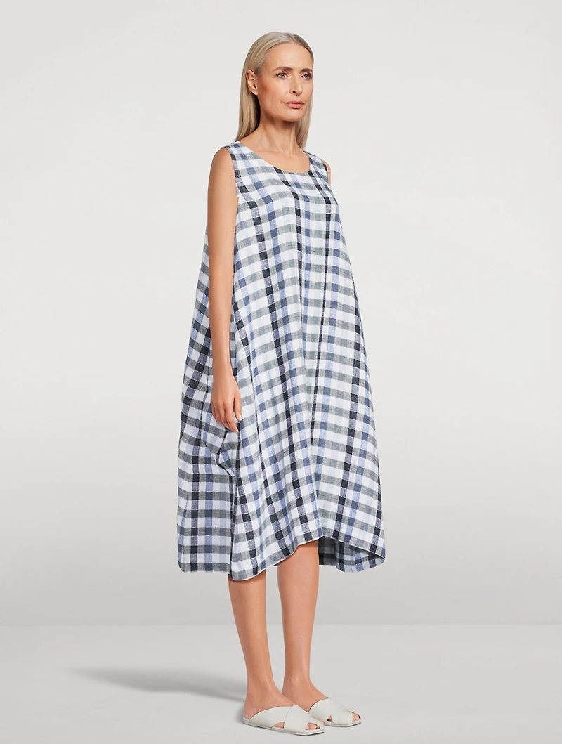 Linen-Blend Midi Dress Plaid Print