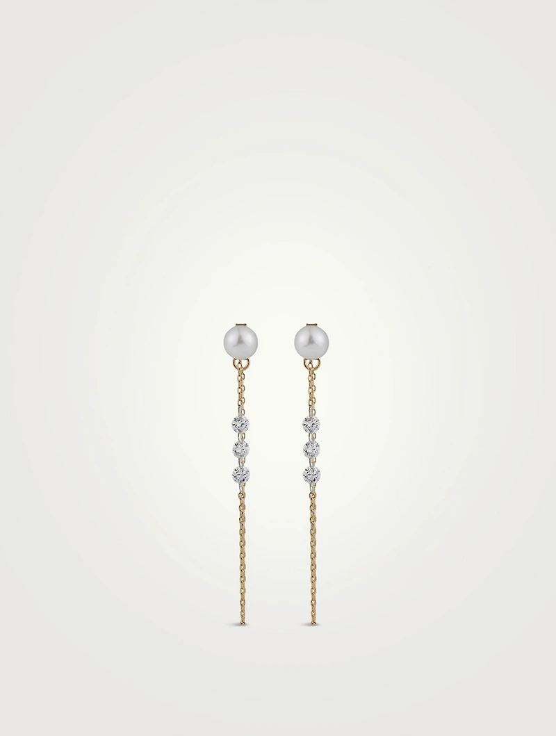 Sea Of Beauty 14K Gold Pierced Diamond And Pearl Chain Earrings