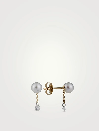 Sea Of Beauty 14K Gold Pearl Chain Stud Earrings With Diamonds