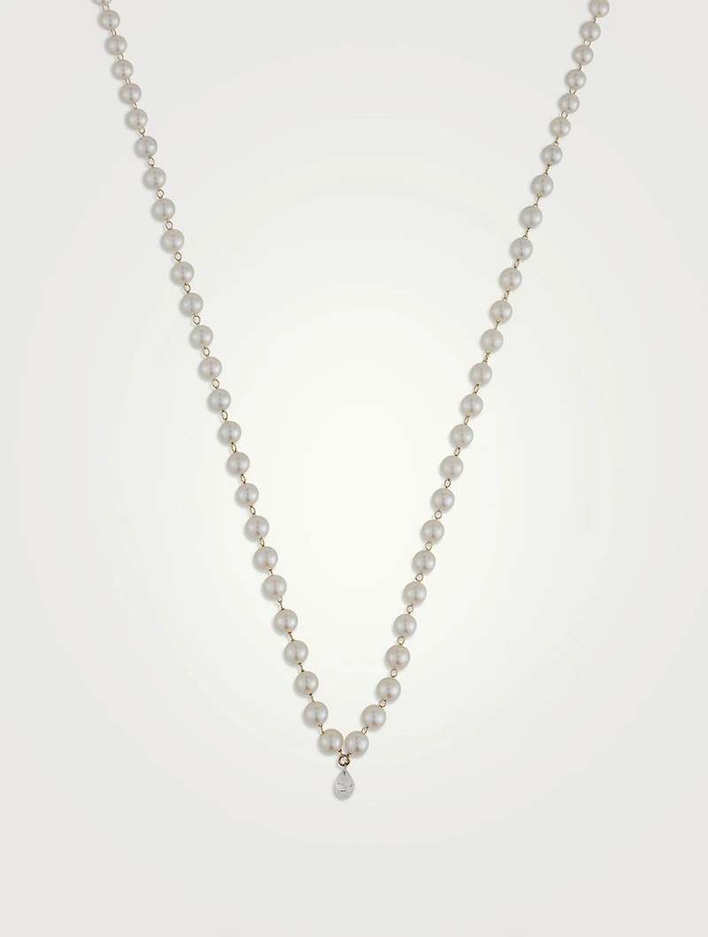 Sea Of Beauty 14K Gold Diamond Pear And Floating Pearl Necklace