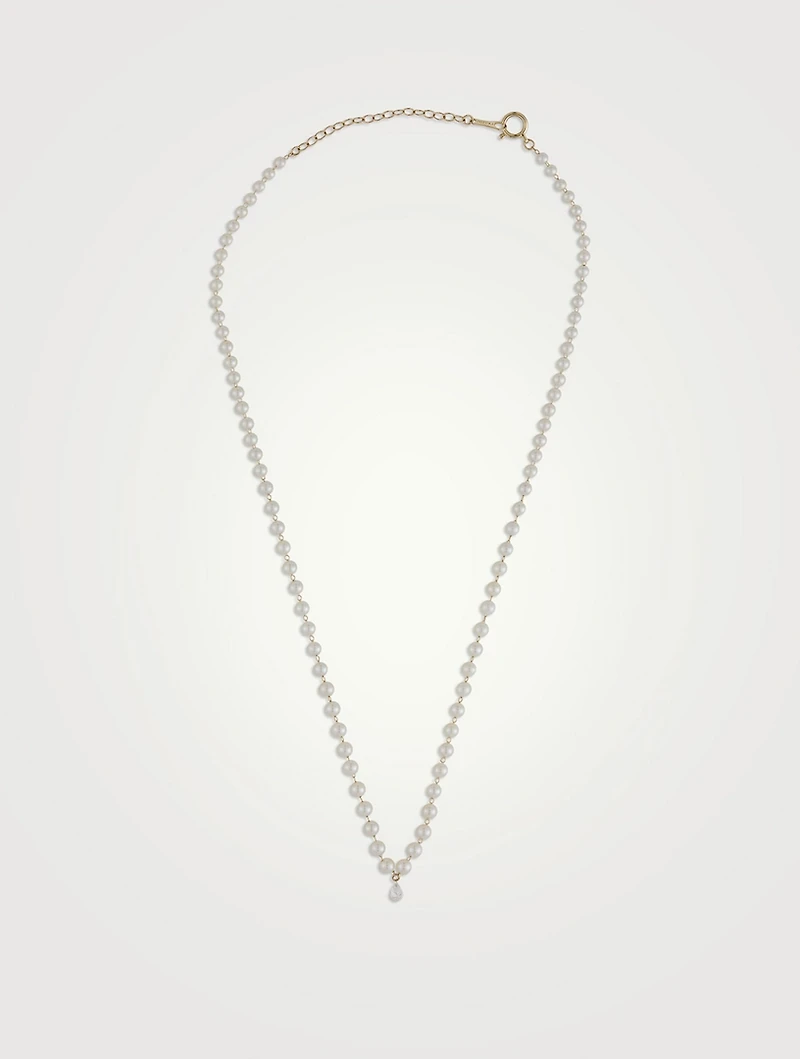 Sea Of Beauty 14K Gold Diamond Pear And Floating Pearl Necklace