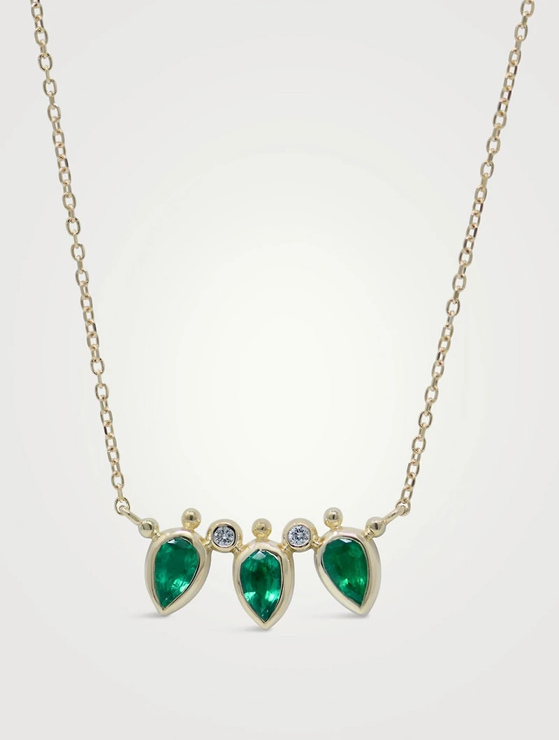 14K Gold Bezel Bouquet Mini Fan Necklace With Emerald And Diamonds