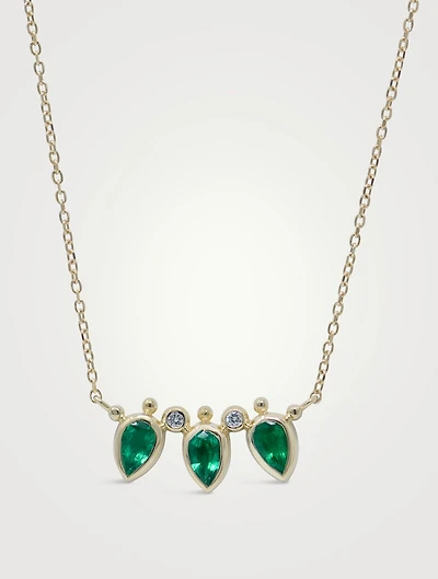 14K Gold Bezel Bouquet Mini Fan Necklace With Emerald And Diamonds
