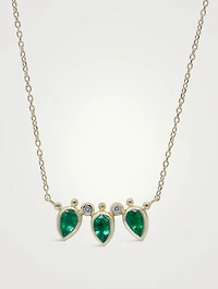 14K Gold Bezel Bouquet Mini Fan Necklace With Emerald And Diamonds