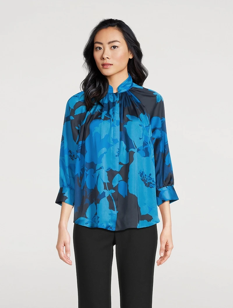 Gathered Satin Blouse Floral Print