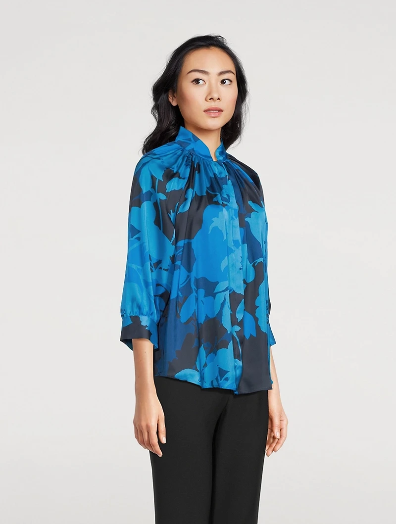 Gathered Satin Blouse Floral Print