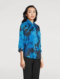 Gathered Satin Blouse Floral Print