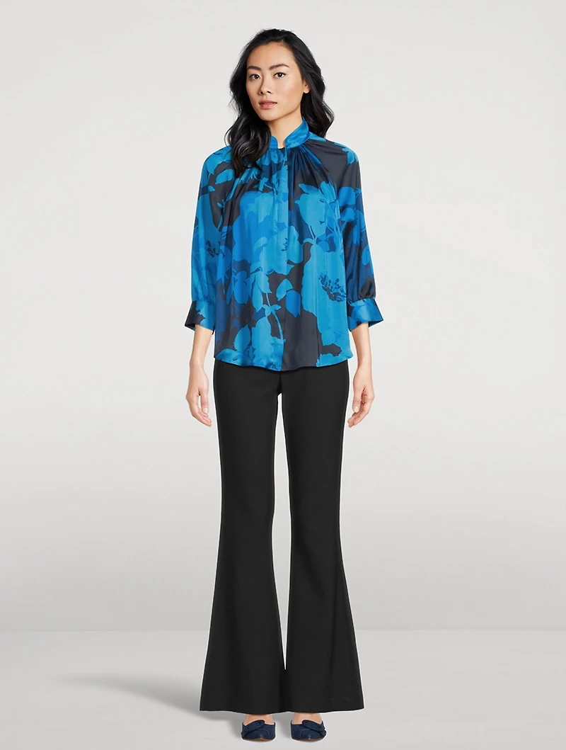 Gathered Satin Blouse Floral Print