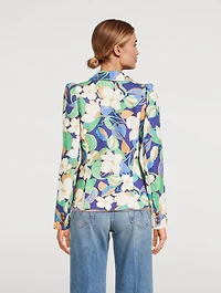Linen-Blend Pouf-Sleeve One-Button Blazer