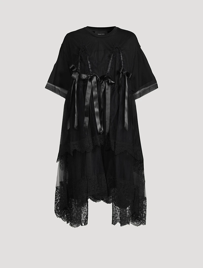 Bow-Trimmed Tulle Overlay Dress