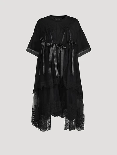 Bow-Trimmed Tulle Overlay Dress