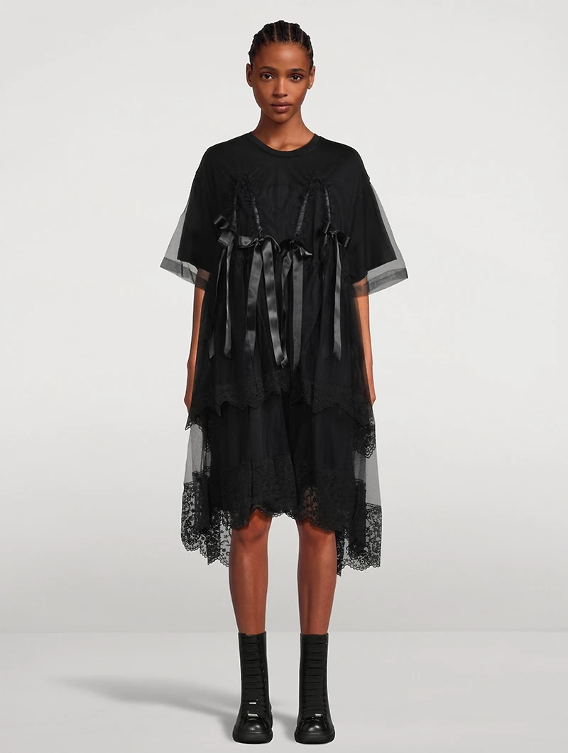 Bow-Trimmed Tulle Overlay Dress