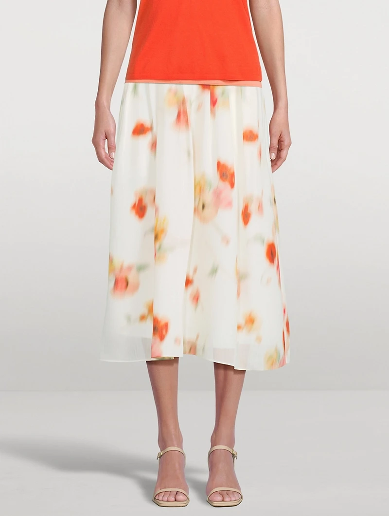 Chiffon Midi Skirt Blurred Poppy Print