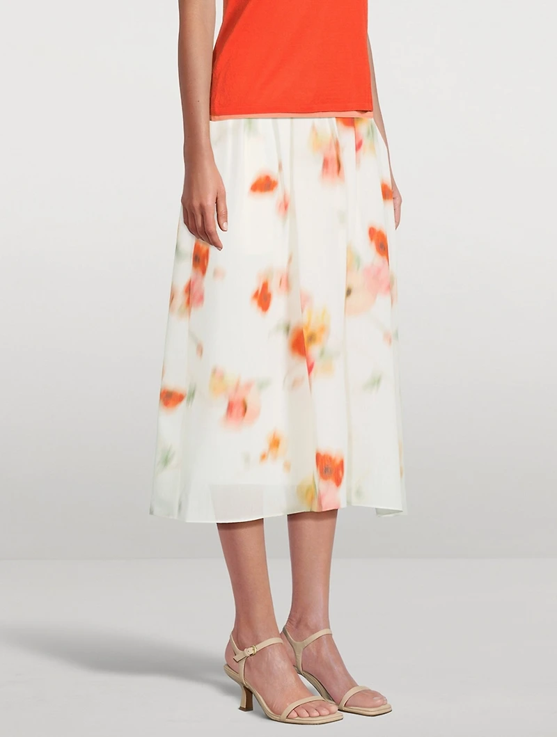 Chiffon Midi Skirt Blurred Poppy Print