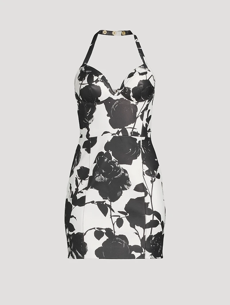 Leather Halter Dress Rose Print