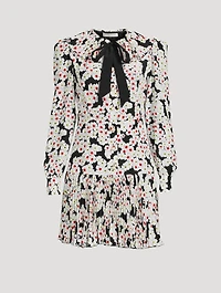 Daisy Print Silk Pleated Mini Dress