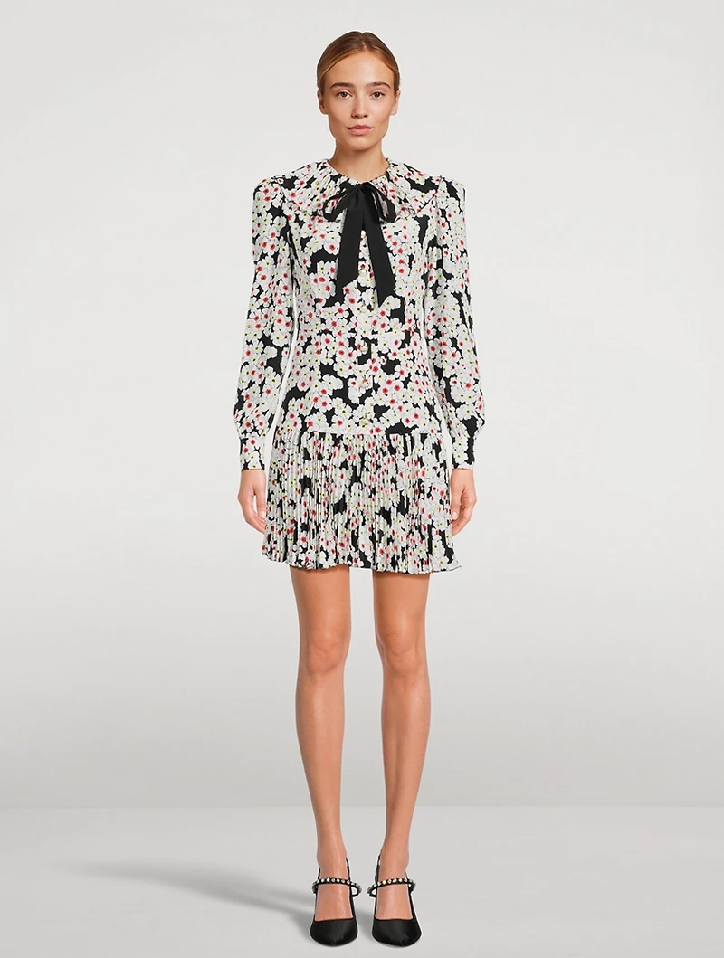 Daisy Print Silk Pleated Mini Dress