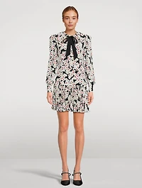 Daisy Print Silk Pleated Mini Dress
