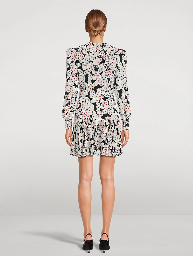 Daisy Print Silk Pleated Mini Dress