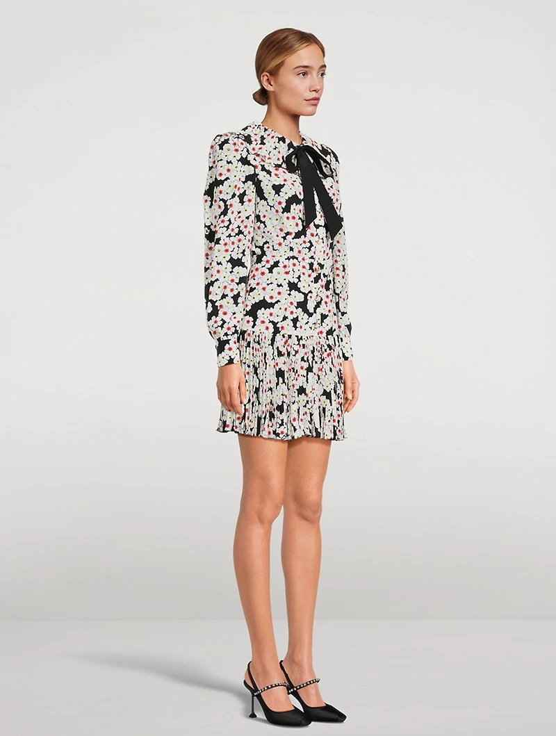 Daisy Print Silk Pleated Mini Dress