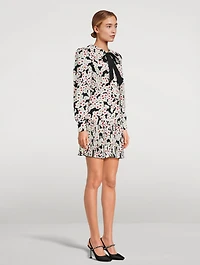 Daisy Print Silk Pleated Mini Dress
