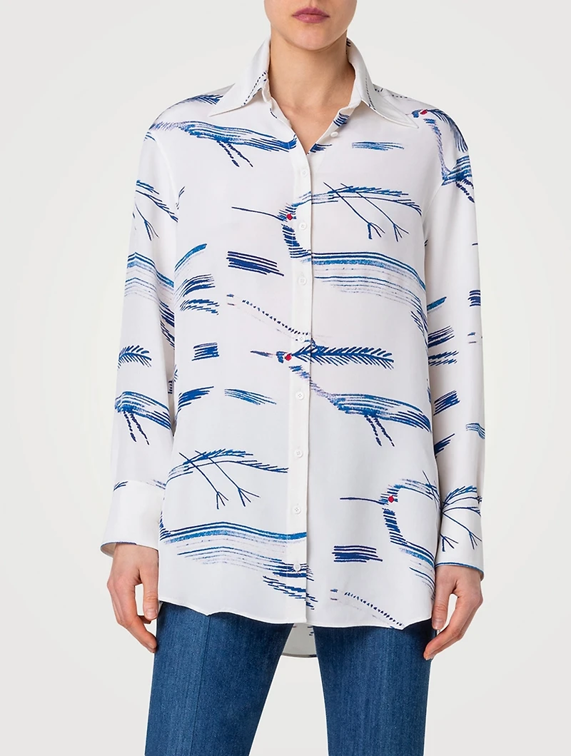 Silk Crêpe Shirt Kasuri Birds Print