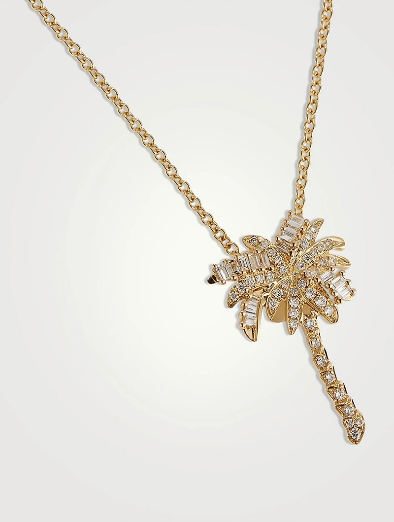 Small 18K Gold Diamond Palm Tree Pendant Necklace