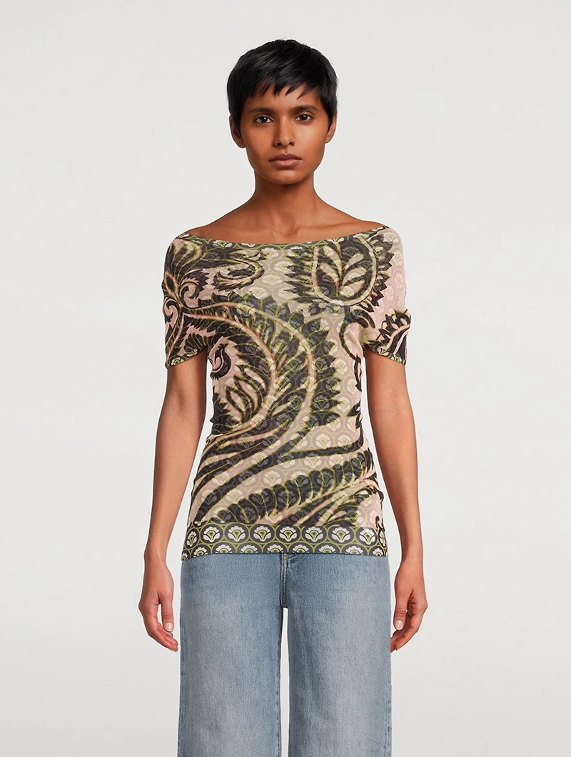 Off-The-Shoulder Tulle Top Paisley Print