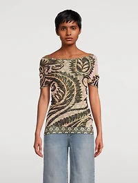 Off-The-Shoulder Tulle Top Paisley Print