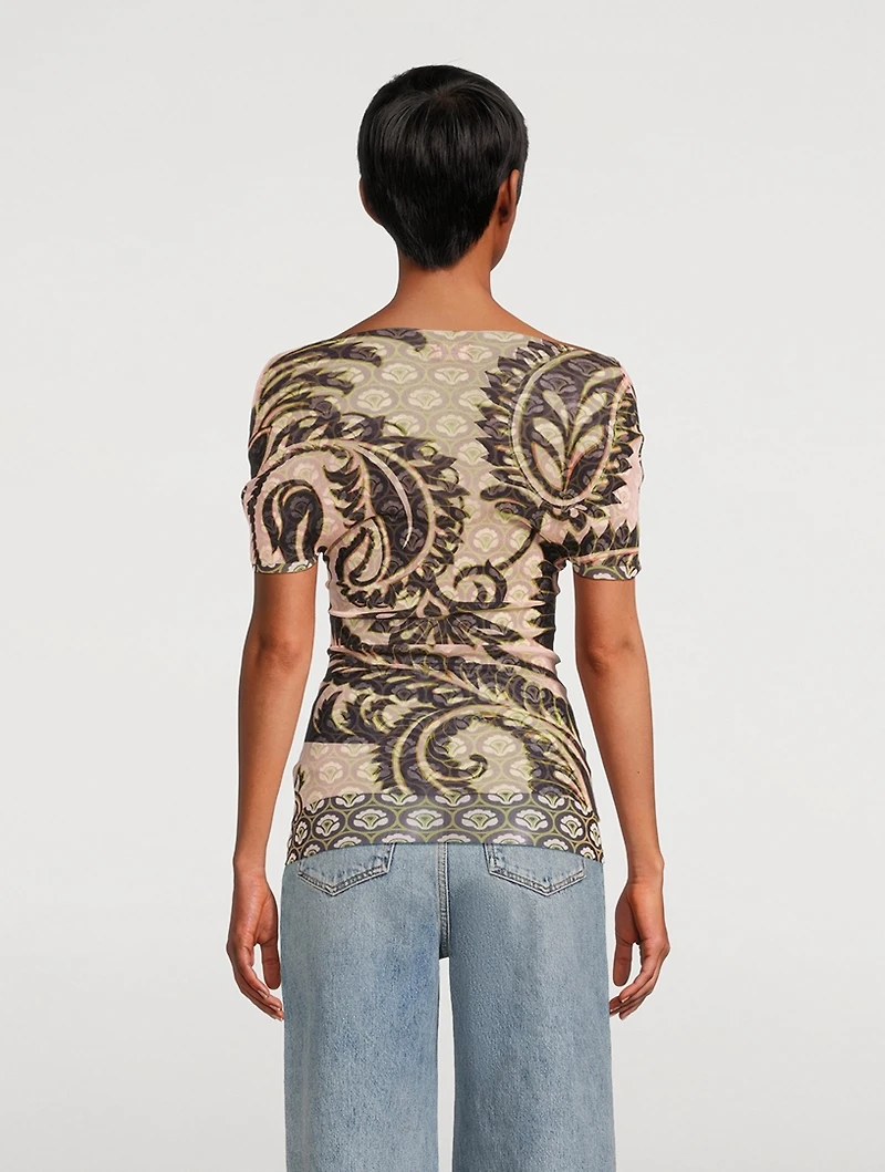 Off-The-Shoulder Tulle Top Paisley Print