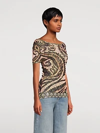 Off-The-Shoulder Tulle Top Paisley Print
