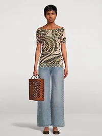 Off-The-Shoulder Tulle Top Paisley Print