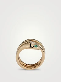 18K Gold Snake Pinky Coil Ring With Diamonds And Tsavorite
